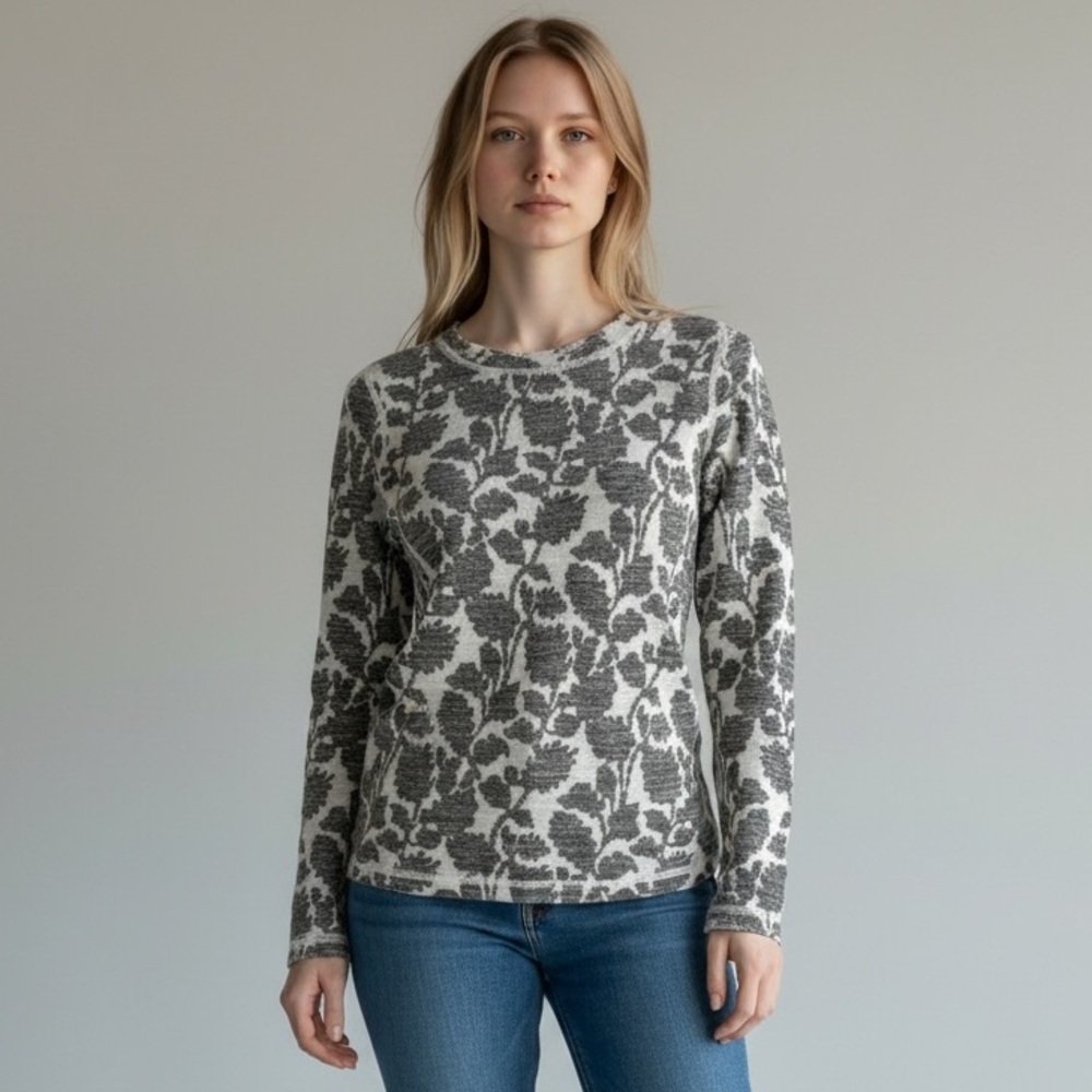 LOFT Petites Floral Jacquard Knit Long Sleeve Top SP